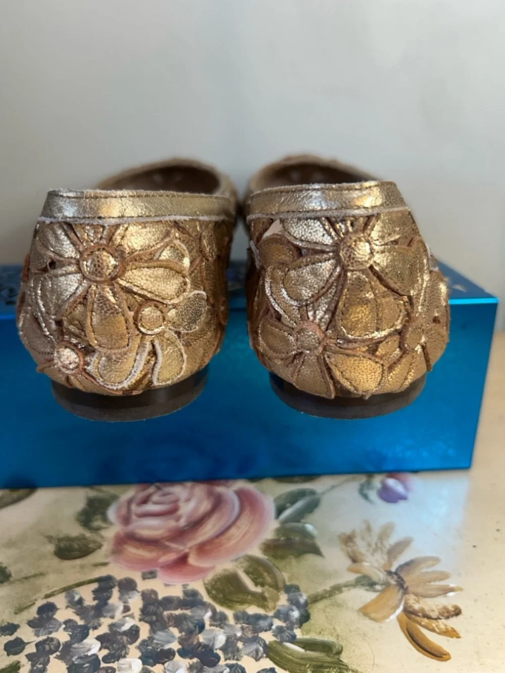 Michael Kors Gold Floral Leather  Cutout Ballet Flats